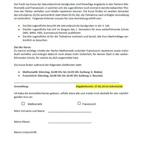 Anmedlung Fresh Up Kurse 2026. Vergrösserte Ansicht